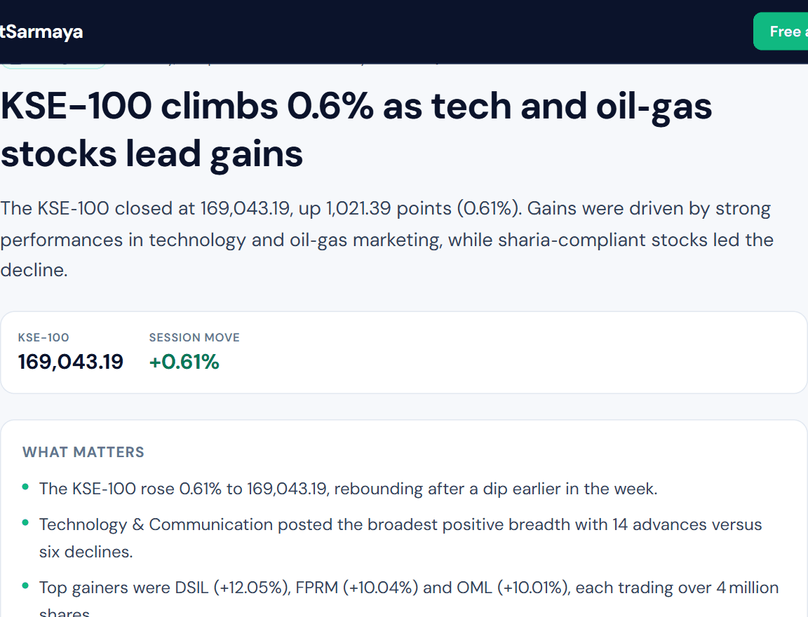A closing brief: the Closing brief badge and date, the headline, a summary paragraph, the KSE-100 close and session move, then a What matters list of five points